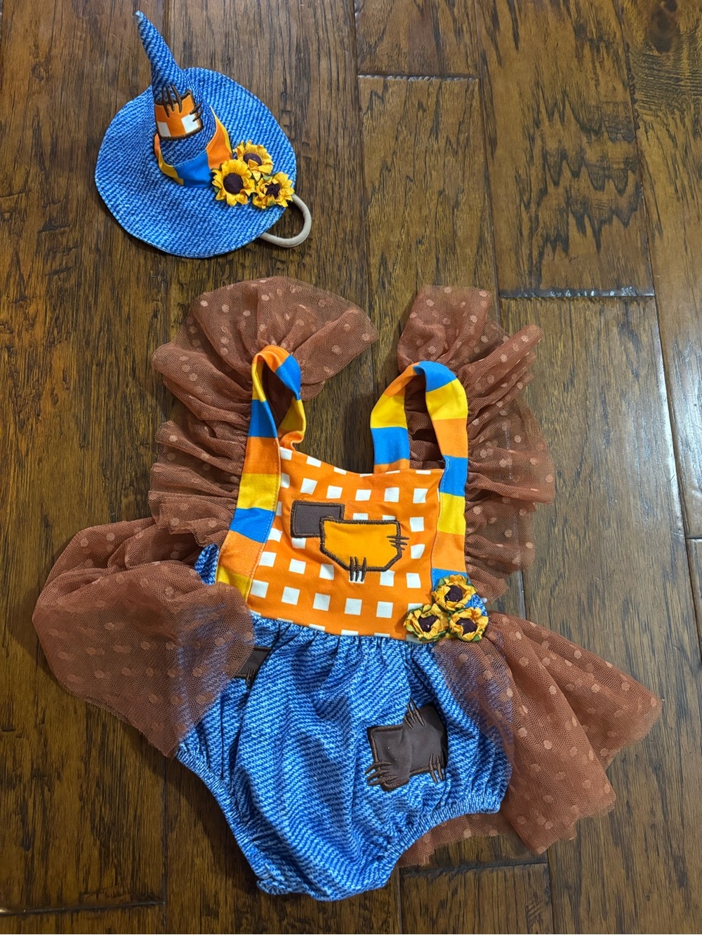 Festive Patchwork Scarecrow Baby Costume with hat - Orange, Blue & Brown